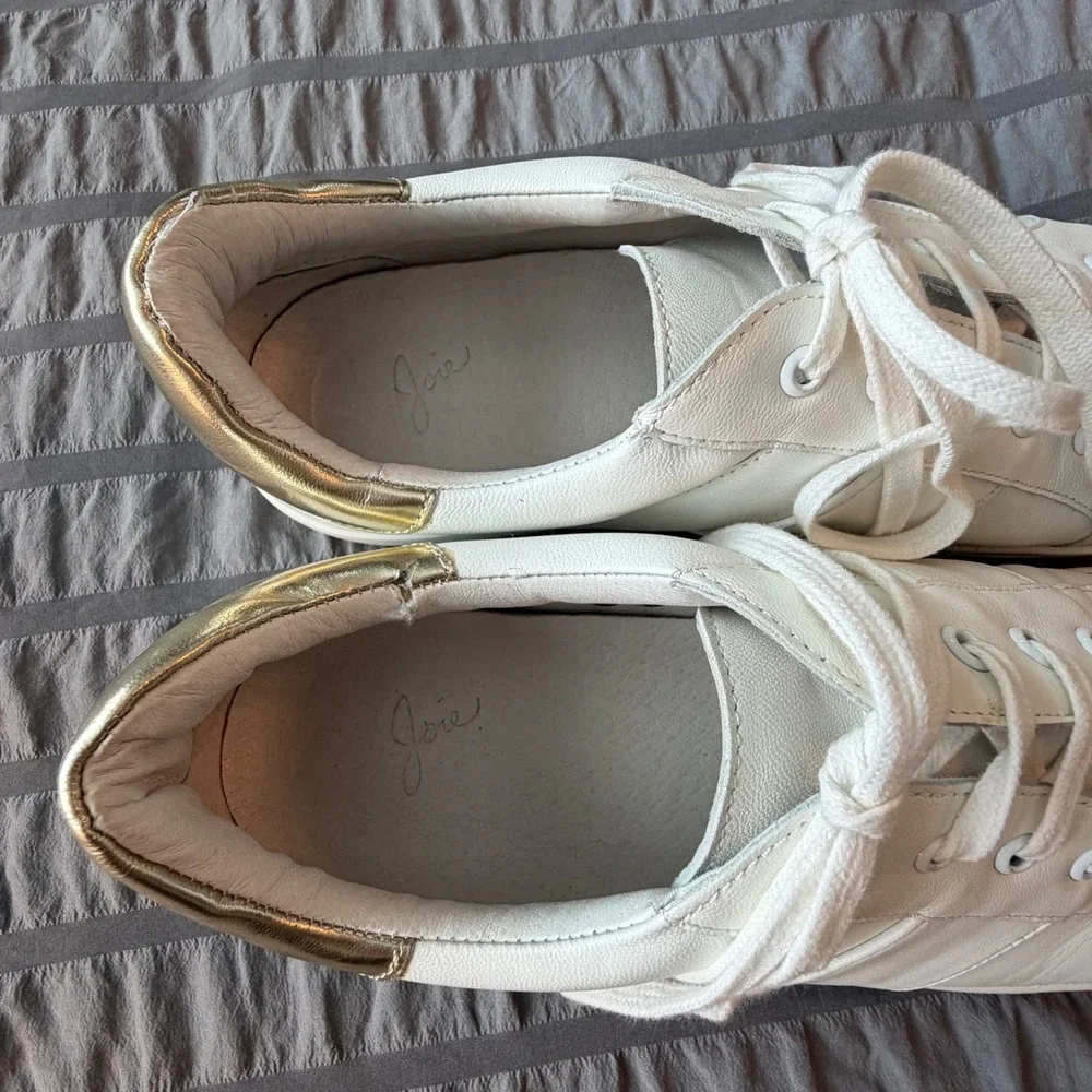 Joie‎ White Leather Low Top Sneakers Gold Heel Tab Lace Up Trainers Womens 40